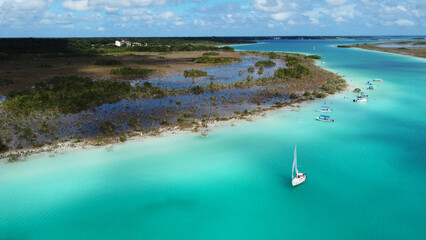 Aerial Drone view of the Pirate Channel of Bacalar Quintana roo,
Cancun, in Riviera Maya,...