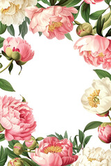 Vector floral illustrations of peonies including buds, leaves, frames, borders, and seamless patterns for wedding invitations, greeting cards, or posters. Middle space available for text.