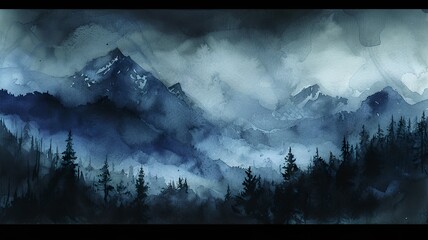 watercolor image with big mountains, image created by artificial intelligence
