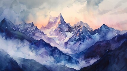 watercolor image with big mountains, image created by artificial intelligence - obrazy, fototapety, plakaty