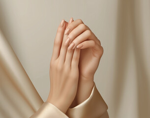 Close-up on female hands with elegant beige manicure holding together on light background with silk. Luxury skincare and manicure. AI generated photo