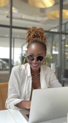 Happiness, laptop and typing professional woman, advocate or government attorney reading feedback review. Corporate research, law firm and business lawyer working on legal project development plan