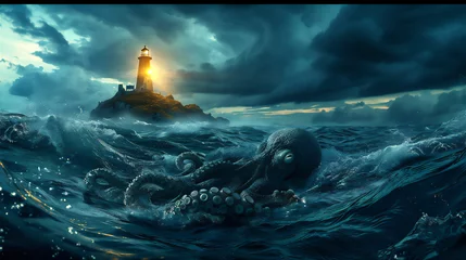 Foto op Canvas lighthouse in the sea and the giant octopus under water © Maizal