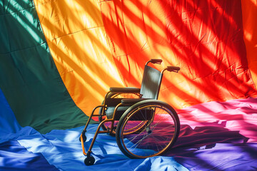 wheelchair next to colorful flag that has colors like blue, red, green and yellow, July, disability pride month