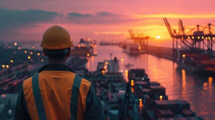 Fototapeta na wymiar Backview of an engineer in orange safety vest and hard hat at busy port full with ships and containers at sunset or dawn