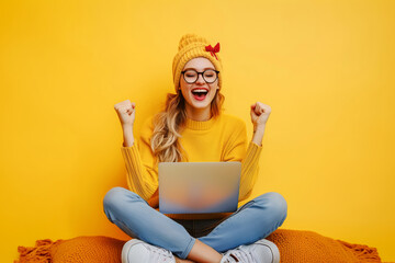 Joyful young woman sitting crosslegged with a laptop. On yellow background