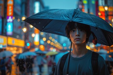 Young Asian man holding an umbrella walks along the city street with night lights and city crowd on a rainy night.