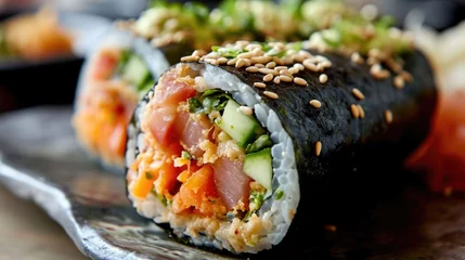 Fototapeten Sushi roll with salmon, avocado, cucumber, and sesame seeds. © Evon J