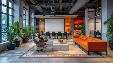 A contemporary office meeting space with a large screen for presentations, modular lounge seating, and an abundance of indoor plants creating a vibrant and welcoming atmosphere. - obrazy, fototapety, plakaty