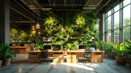 A workspace transformed into an urban jungle with an array of hanging planters and wall-mounted greenery, paired with wooden desks and modern office chairs.