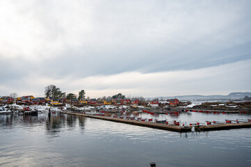 Traditional cottages on the islands around Oslo, Norway in winter. Islands with houses