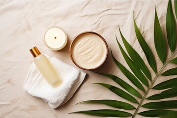 Obraz na płótnie Canvas Flat lay of spa accessories composition like towel, cream, candle, green palm leaf on beige background