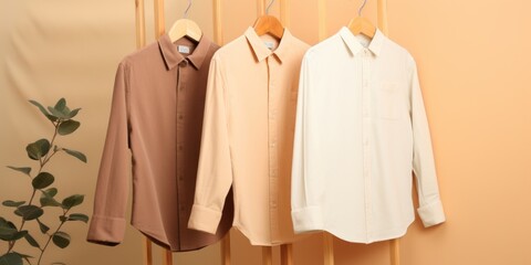 Three hanging shirts in brown, peach, and white colors.