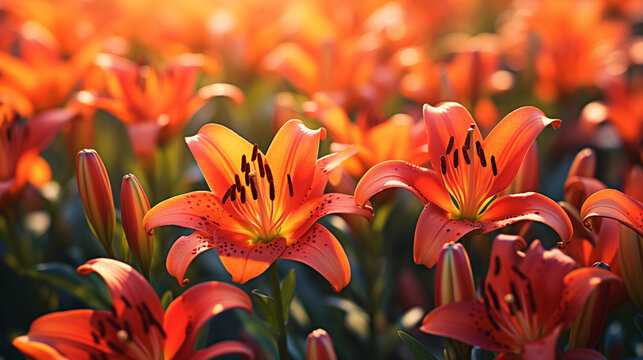 Red orange lilies in the field.