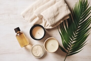 Obraz na płótnie Canvas Flat lay of spa accessories composition like towel, cklay, candle, green palm leaf on beige background