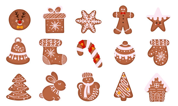 cute gingerbread cookies. Vector Illustration for printing, backgrounds, covers and packaging. Image can be used for greeting cards, posters, stickers and textile. Isolated on white background.
