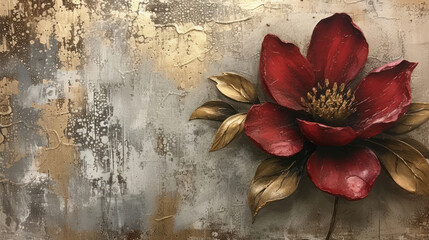 Abstract decorative oil painting with a burgundy flower and gold leaves on vintage background,  Elegant flower wallpaper