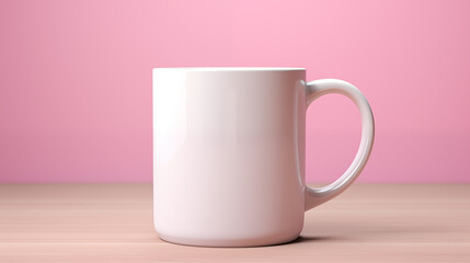 Mug mockup on wood table and pink wall background. 3D rendering