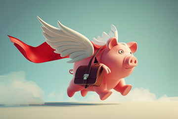 In a whimsical depiction, a piggy bank defies gravity as it takes flight with wings spread wide, clutching a briefcase and draped in a superhero cape