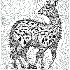Sketch of a Deer standing position for coloring book of kids. Hand drawn sketch book. Outlines of Deer bodyin black colour against white background. Artwork can also used for T-shirt design, Tattoo