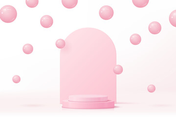 3d white background with glossy pink cylinder pedestal podium and flouting pink balls and geometric backdrop for cosmetics product display, vector illustration.