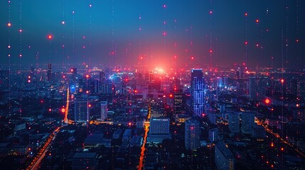 smart city points connected with gradient lines Metaverse technology connection concept, night signal with big data.