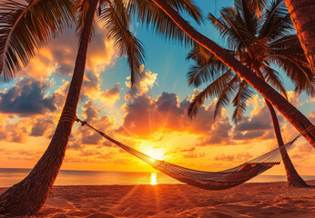 Hammock on beach at beautiful sunset near ocean shore attached to a palm tree. Caribbean vacation - obrazy, fototapety, plakaty