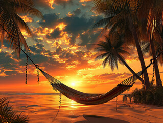 Hammock on beach at beautiful sunset near ocean shore attached to a palm tree. Caribbean vacation