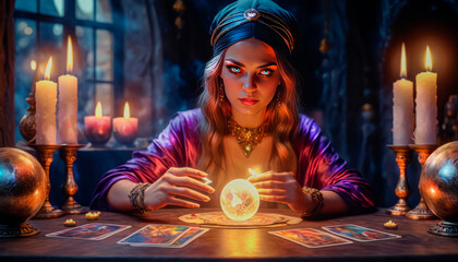 A beautiful mysterious fortune teller with piercing eyes predicts fate on a magic ball - obrazy, fototapety, plakaty