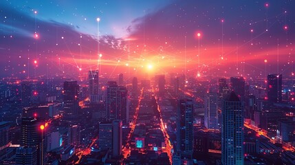 Fototapeta premium smart city points connected with gradient lines Metaverse technology connection concept, night signal with big data.