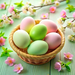 Obraz na płótnie Canvas easter eggs in a basket with flowers