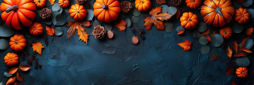 Thanksgiving and fall decoration idea made from autumn leaves and pumpkins on a dark background.