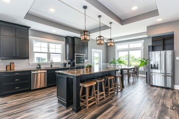 Modern kitchen interior with dark cabinets and granite countertops.