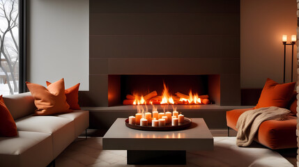 Warm Hearth Retreat: Apartment with Cozy Fireplace, Comfortable Seating, Chestnut Brown, Beige, and Glowing Ember Orange Accents