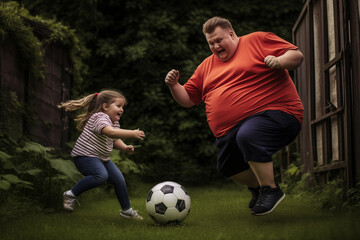 Plus size father and daughter having fun playing soccer in the backyard