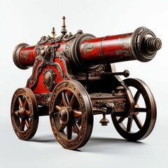 Red and Black Cannon on Wooden Cart