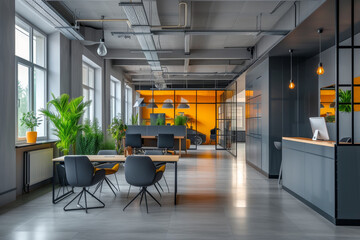 Modern Office Interior with Plants and Natural Light
Bright and spacious modern office interior design, enhanced with indoor plants and natural lighting, offering a comfortable and productive work env