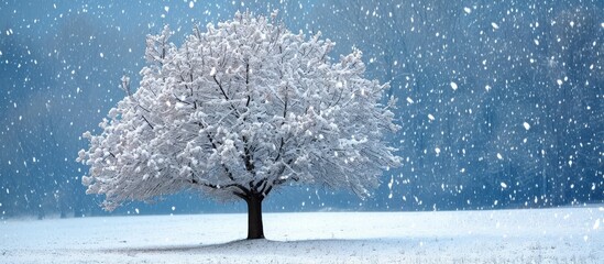 A freezing tree, covered in electric blue snow, stands alone in a snowy field surrounded by a natural landscape and under a cloudy sky.