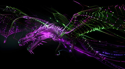 Captivating neon wireframe dragon isotated on black background. Created with generative AI.