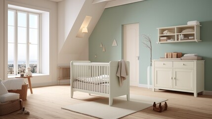 The interior of a spacious children's room with a wooden cot and children's furniture in a modern apartment with mint walls.