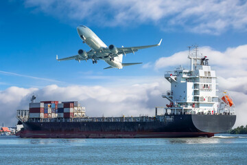 Ship with liquid cargo or containers floats along the river, an airplane taking off in the sky....