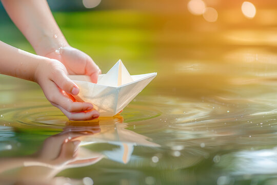 A kid putting a paper boat into water.