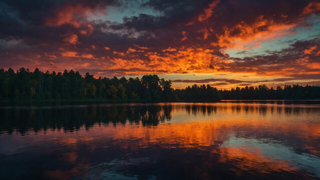 Frame the stark contrast between the dark silhouettes of the trees against the vibrant hues of the sunset sky and capturing the magical moment when day meets night at the edge of the serene lake