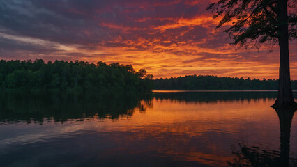 Fototapeta premium Frame the stark contrast between the dark silhouettes of the trees against the vibrant hues of the sunset sky and capturing the magical moment when day meets night at the edge of the serene lake