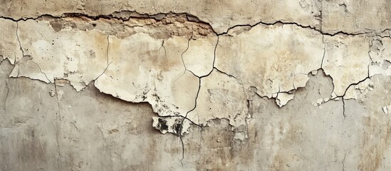 Obraz premium A detailed view of a cracked concrete wall shows signs of erosion caused by water, revealing the bedrock beneath the surface.