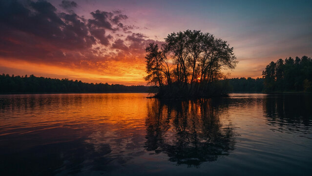 Frame the stark contrast between the dark silhouettes of the trees against the vibrant hues of the sunset sky and capturing the magical moment when day meets night at the edge of the serene lake