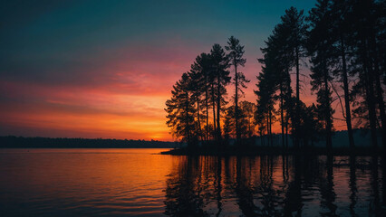 Fototapeta na wymiar Frame the stark contrast between the dark silhouettes of the trees against the vibrant hues of the sunset sky and capturing the magical moment when day meets night at the edge of the serene lake