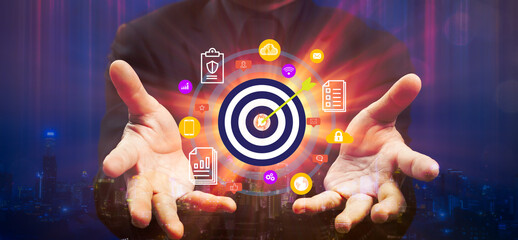 Businessman shows fire target icon. Finding or analyzing business goals achievement, strategy,...