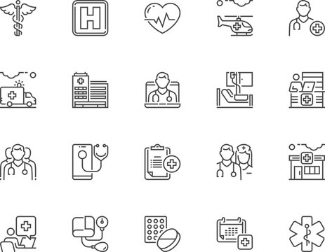 Healthcare. Medical workers and medical equipment. Pharmacy store, medical care. 64x64 vector line icons set. Editable stroke. Pixel perfect.