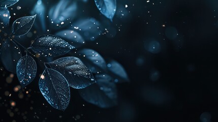 fantasy leaves background in dark blue green with sparkling effect
